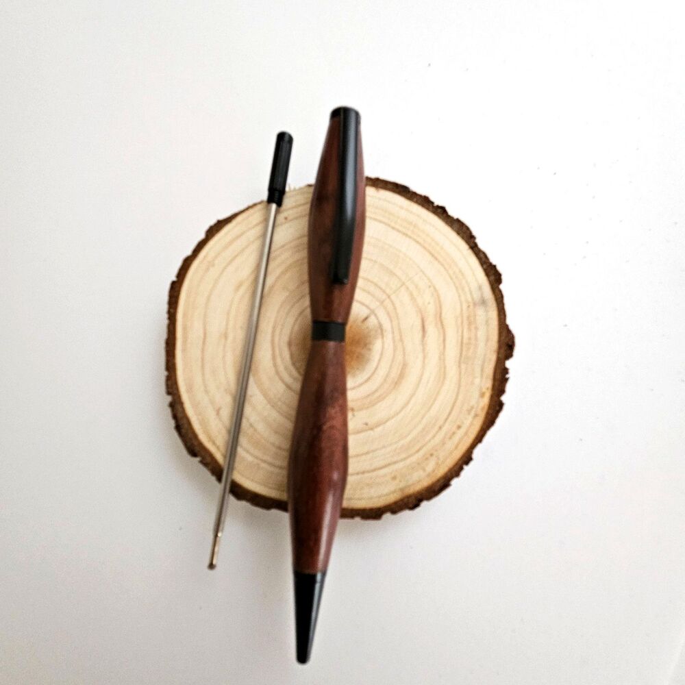 Cocobolo Wood Ballpoint Pen Black Trim Handcrafted Includes Ink Refill